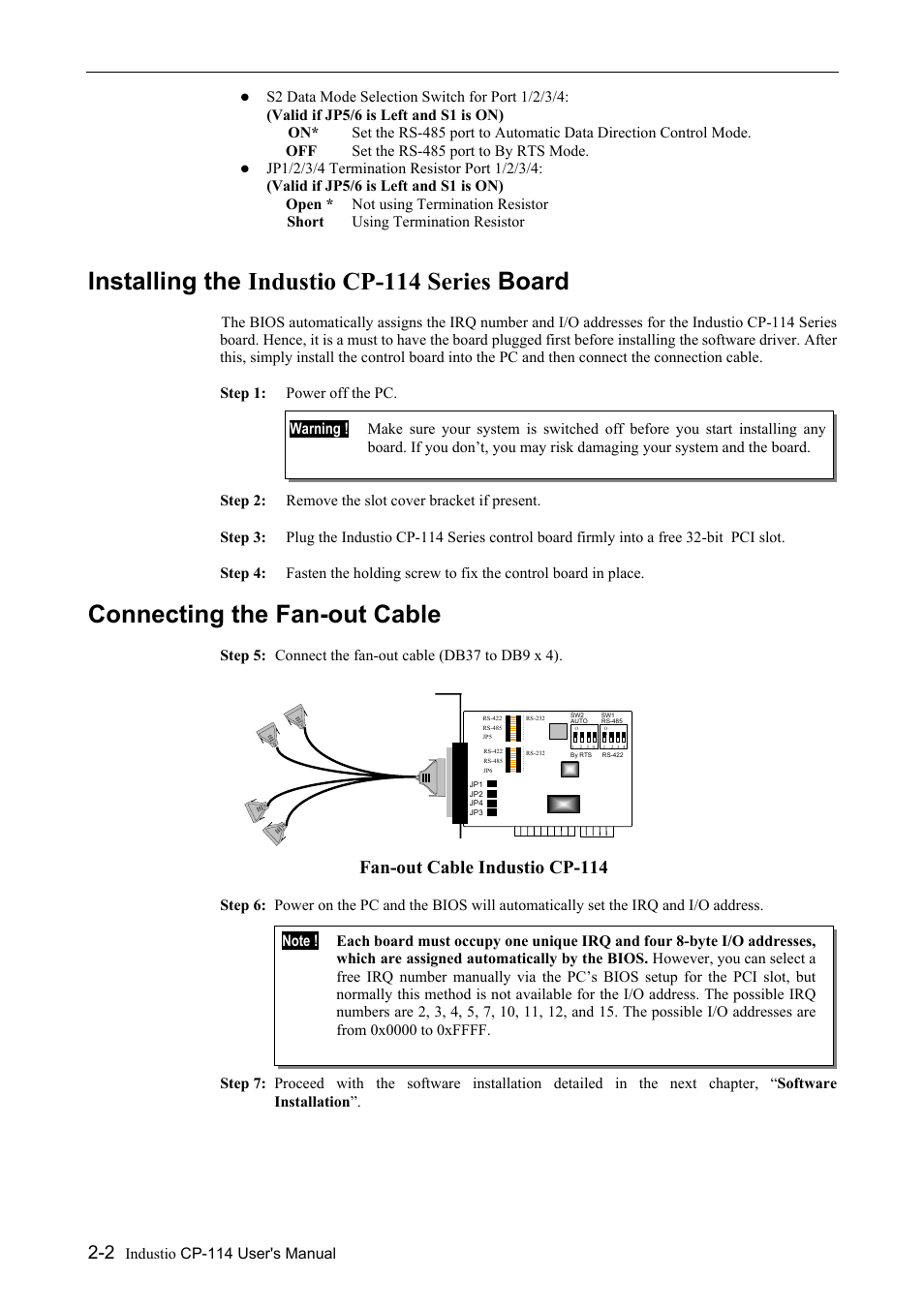 Installing the industio cp-114 series board, Connecting the fan-out cable, Installing the industio cp-114 series board -2 | Connecting the fan-out cable -2, Fan-out cable industio cp-114 | Moxa Technologies CP-114 Series User Manual | Page 12 / 55