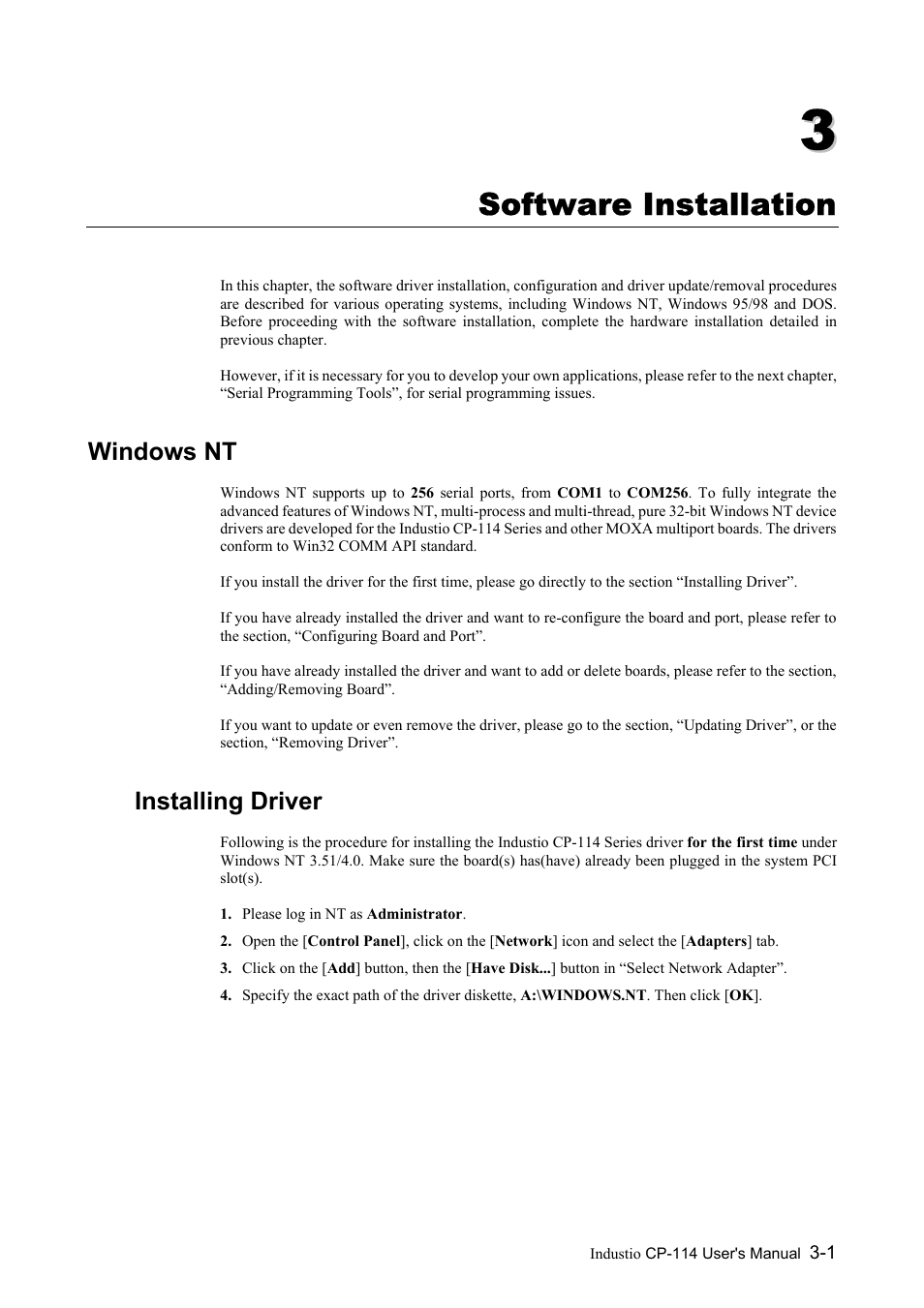 Software installation, Windows nt, Installing driver | Chapter 3 software installation -1, Windows nt -1, Installing driver -1 | Moxa Technologies CP-114 Series User Manual | Page 13 / 55