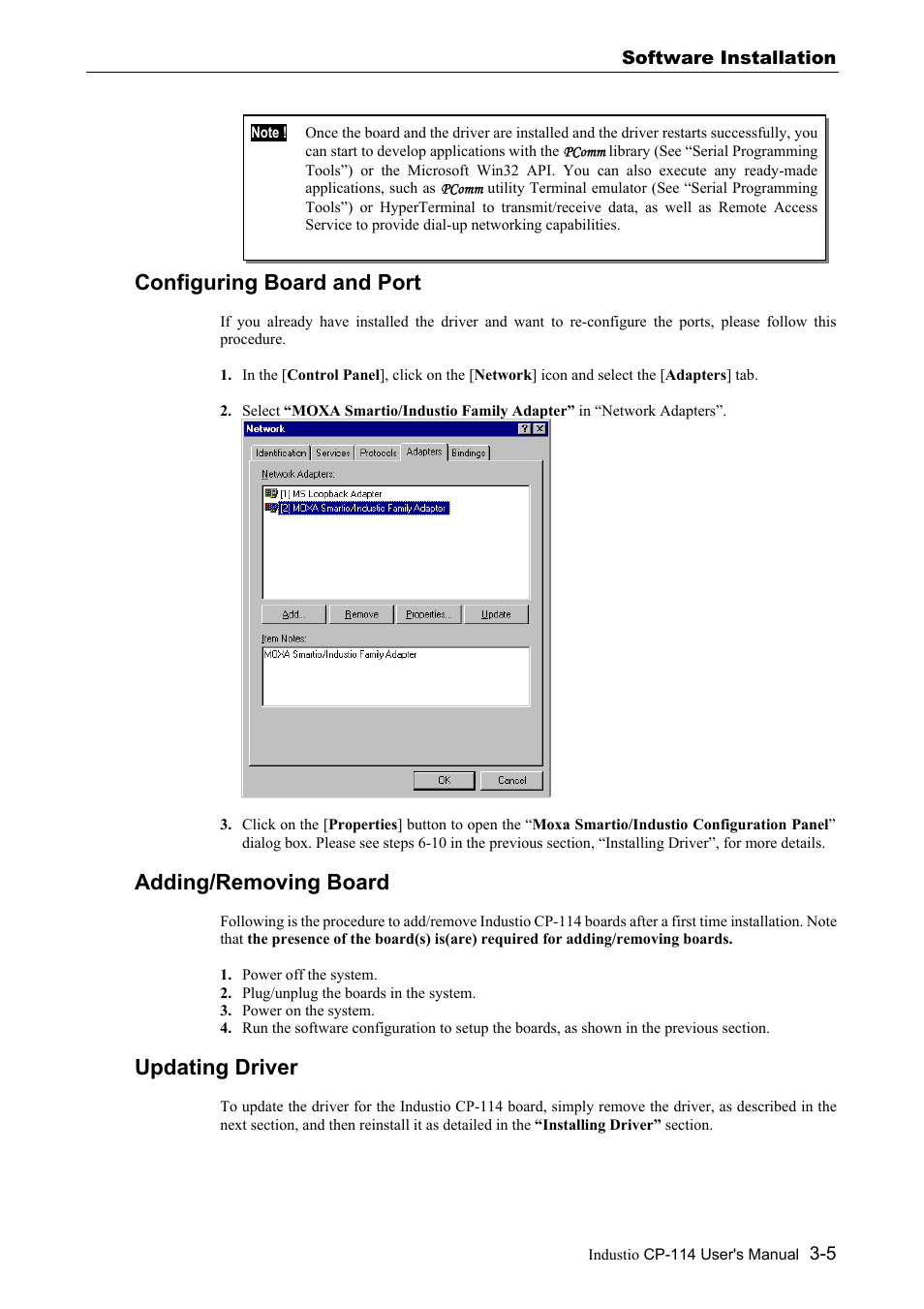 Configuring board and port, Adding/removing board, Updating driver | Moxa Technologies CP-114 Series User Manual | Page 17 / 55