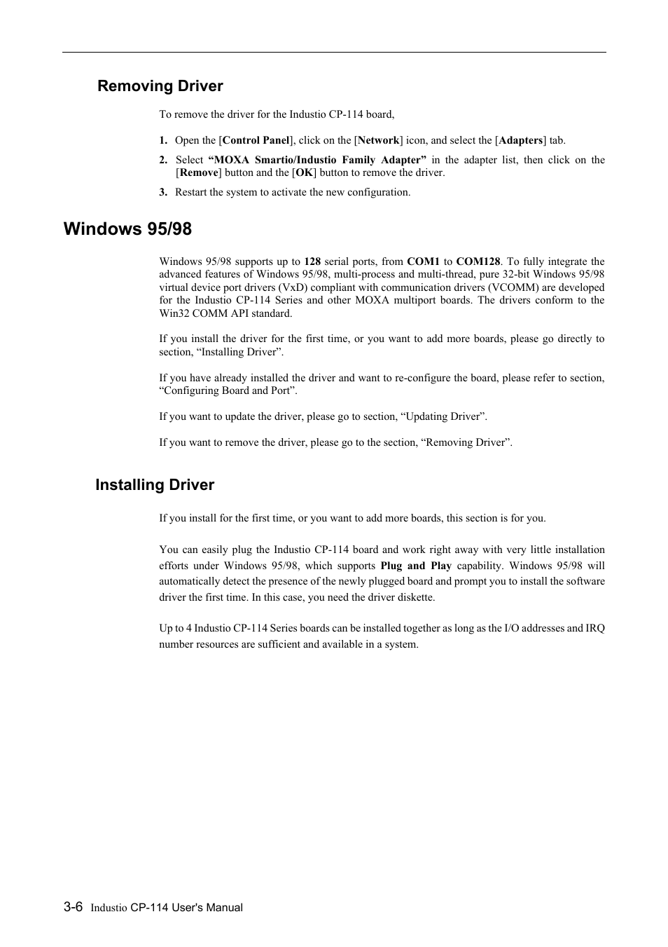 Removing driver, Windows 95/98, Installing driver | Removing driver -6, Windows 95/98 -6, Installing driver -6 | Moxa Technologies CP-114 Series User Manual | Page 18 / 55