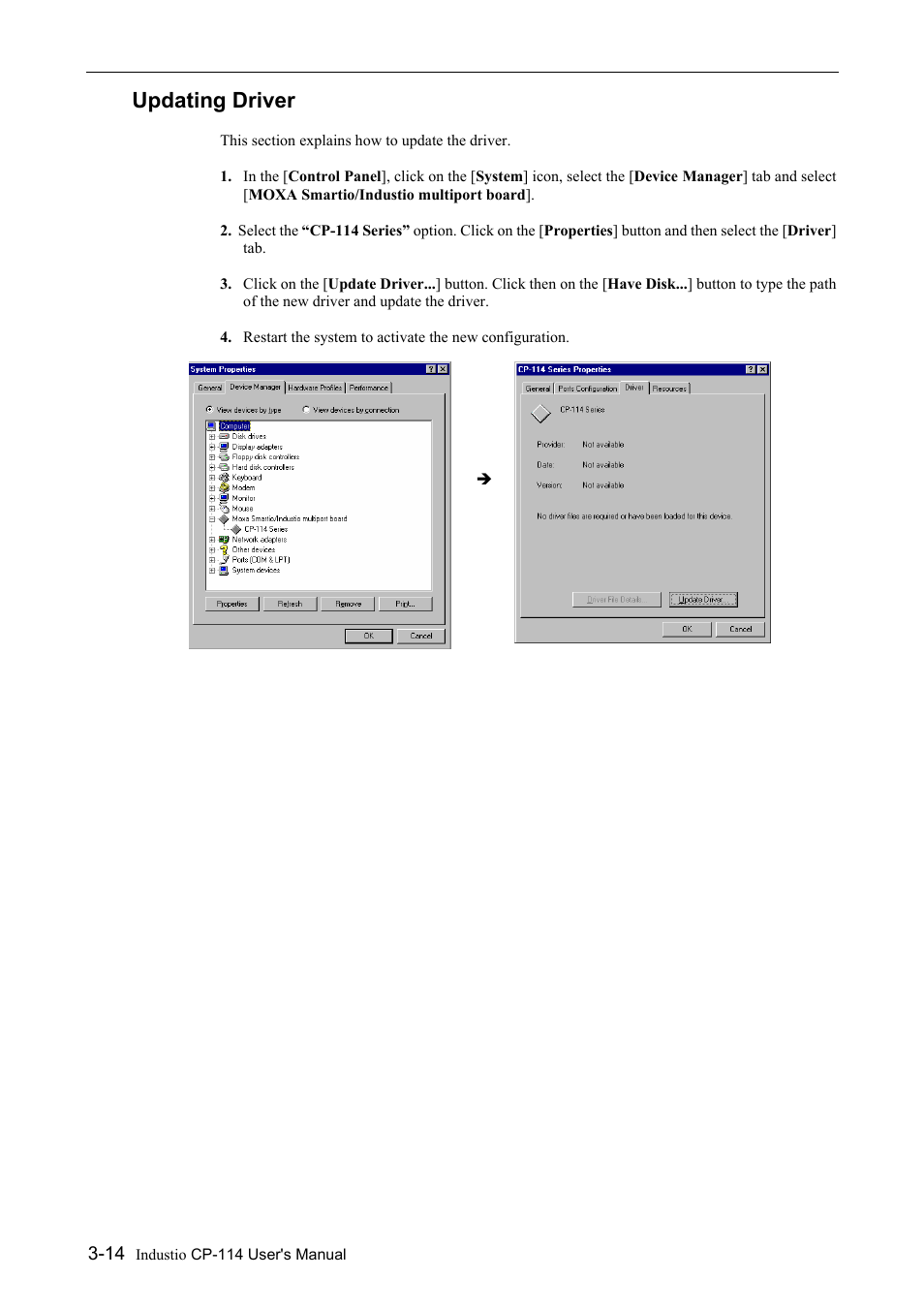 Updating driver, Updating driver -14 | Moxa Technologies CP-114 Series User Manual | Page 26 / 55