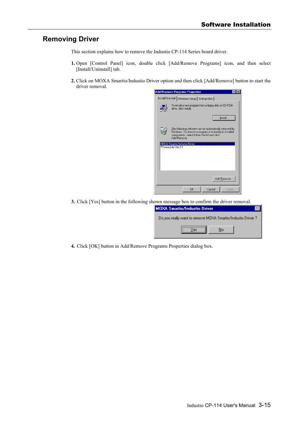 Removing driver, Removing driver -15 | Moxa Technologies CP-114 Series User Manual | Page 27 / 55