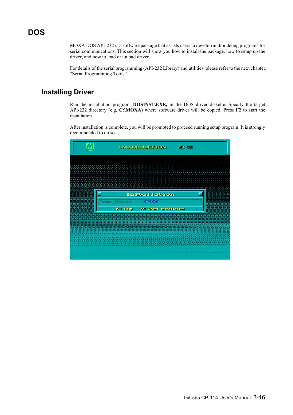 Installing driver, Dos -16, Installing driver -16 | Moxa Technologies CP-114 Series User Manual | Page 28 / 55