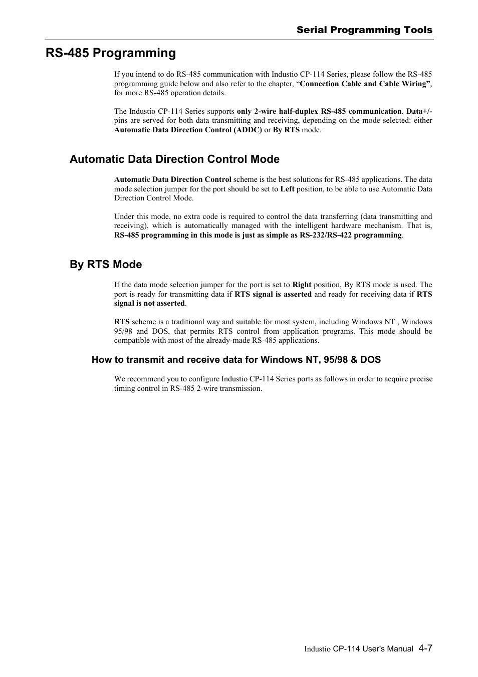 Rs-485 programming, Automatic data direction control mode, By rts mode | Rs-485 programming -7 | Moxa Technologies CP-114 Series User Manual | Page 39 / 55