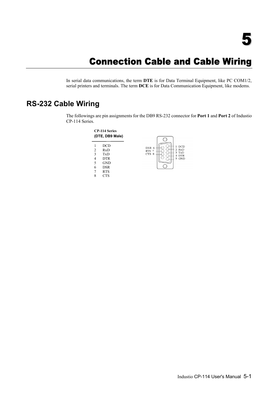 Connection cable and cable wiring, Rs-232 cable wiring, Chapter 5 connection cable and cable wiring -1 | Rs-232 cable wiring -1 | Moxa Technologies CP-114 Series User Manual | Page 41 / 55