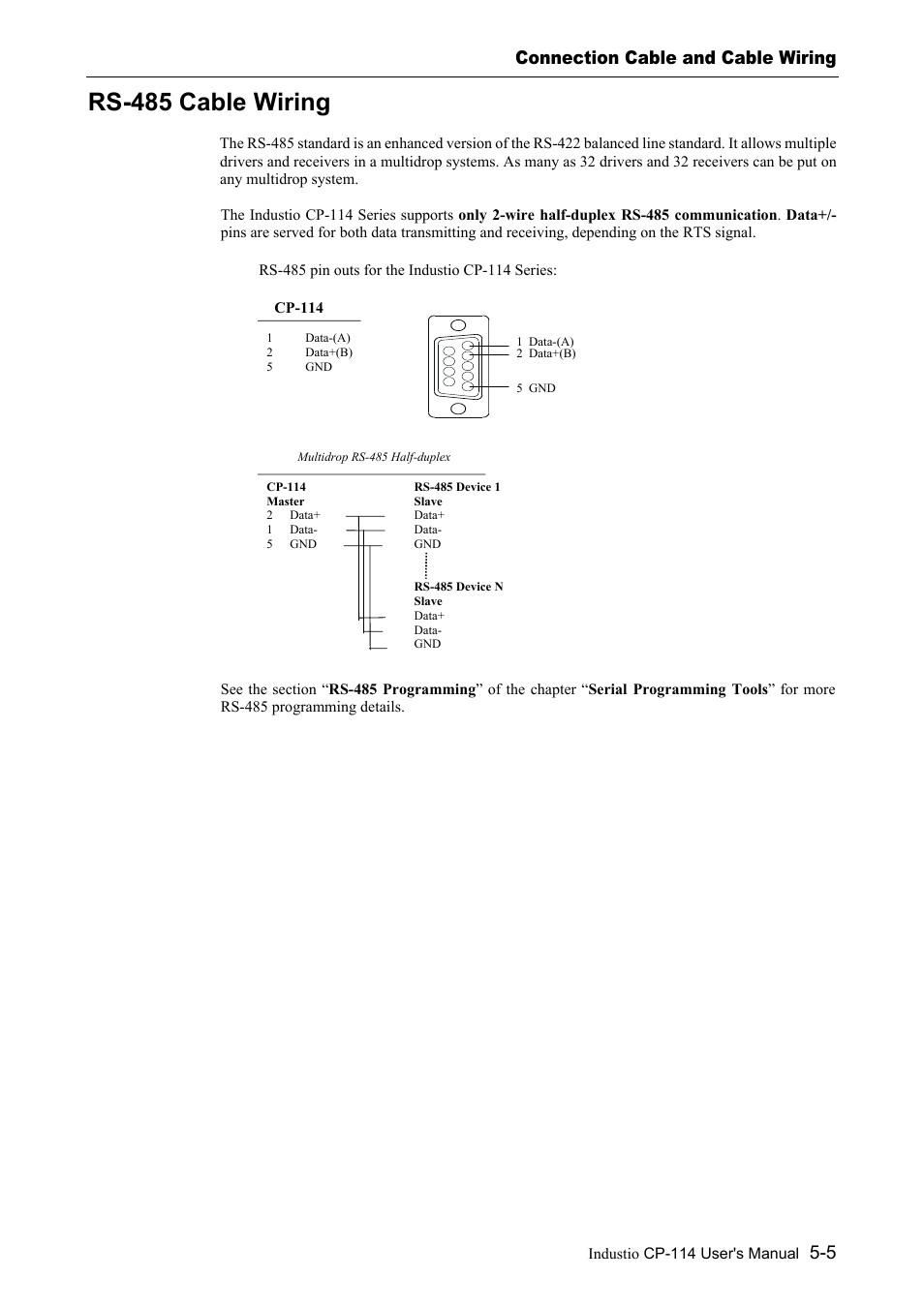 Rs-485 cable wiring, Rs-485 cable wiring -5, Connection cable and cable wiring | Moxa Technologies CP-114 Series User Manual | Page 45 / 55