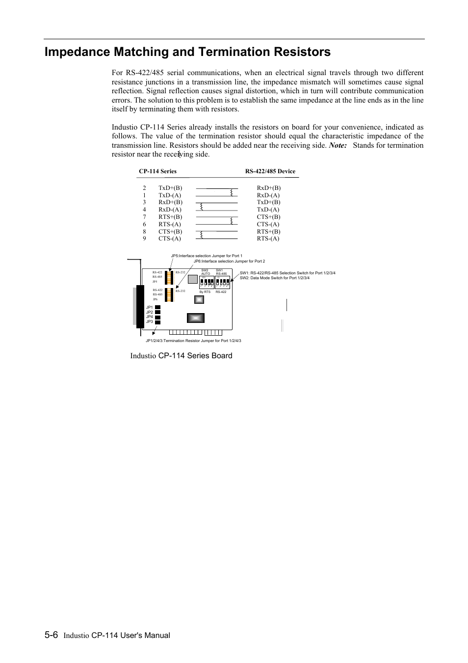 Impedance matching and termination resistors, Impedance matching and termination resistors -6, Industio cp-114 user's manual | Industio cp-114 series board | Moxa Technologies CP-114 Series User Manual | Page 46 / 55