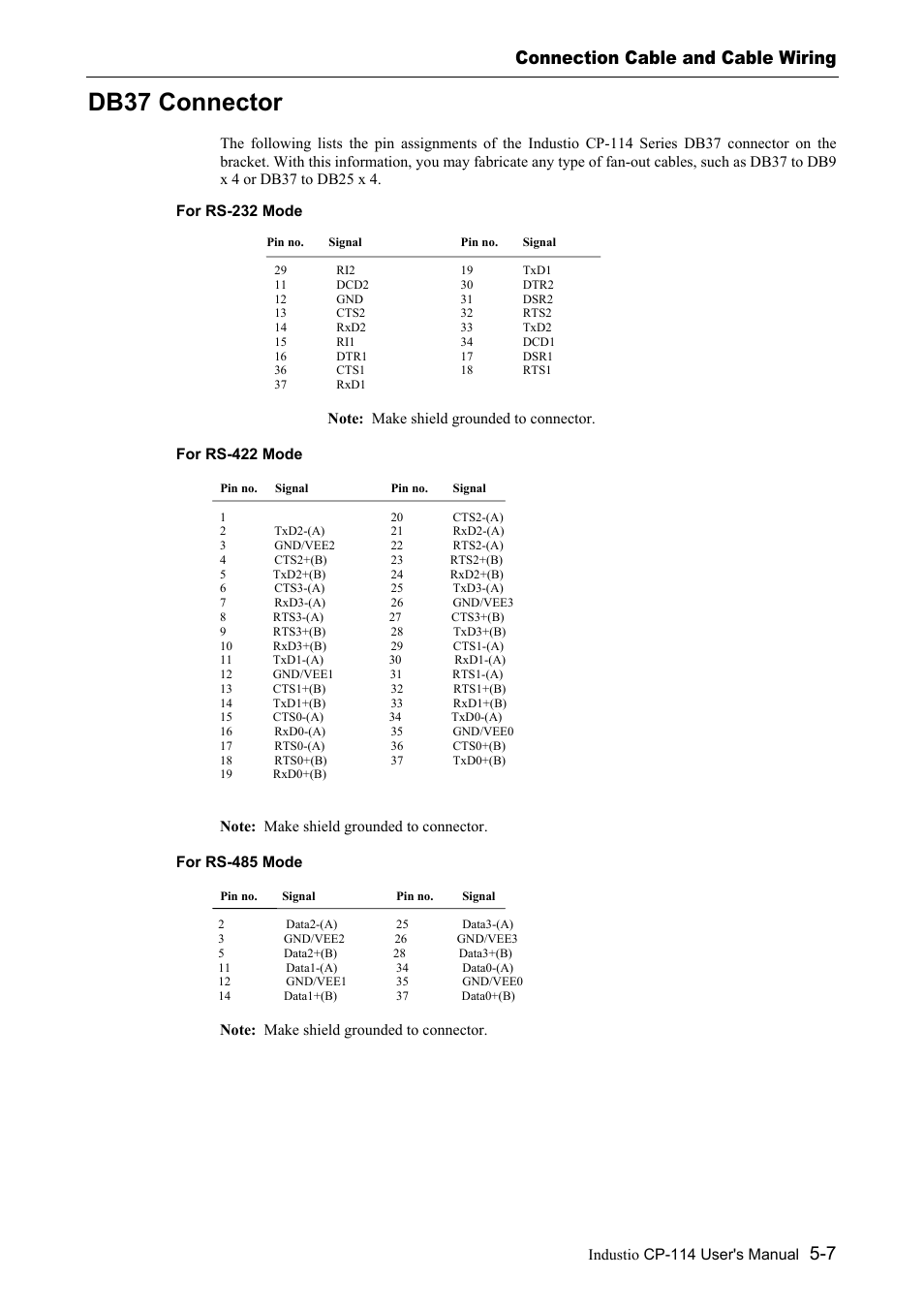 Db37 connector, Db37 connector -7, Connection cable and cable wiring | Moxa Technologies CP-114 Series User Manual | Page 47 / 55