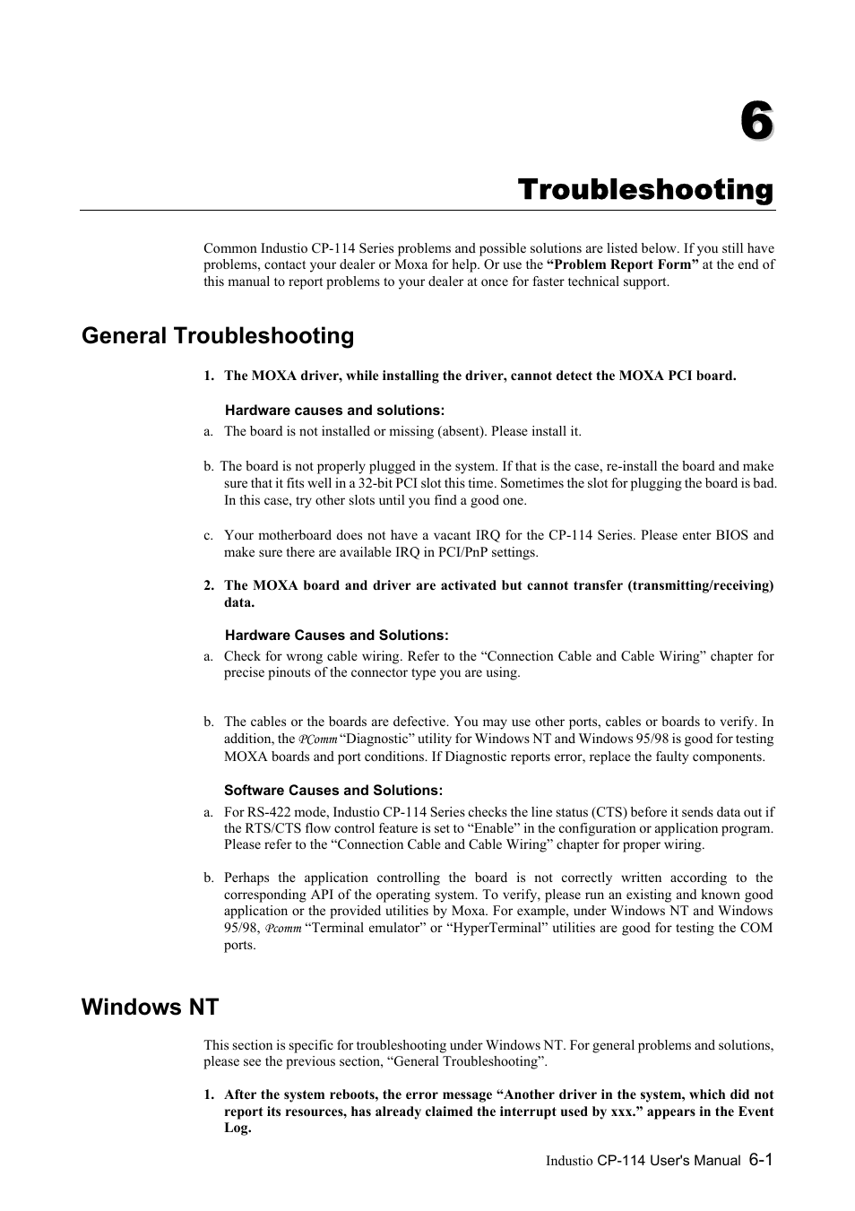 Troubleshooting, General troubleshooting, Windows nt | Chapter 6 troubleshooting -1, General troubleshooting -1, Windows nt -1 | Moxa Technologies CP-114 Series User Manual | Page 49 / 55