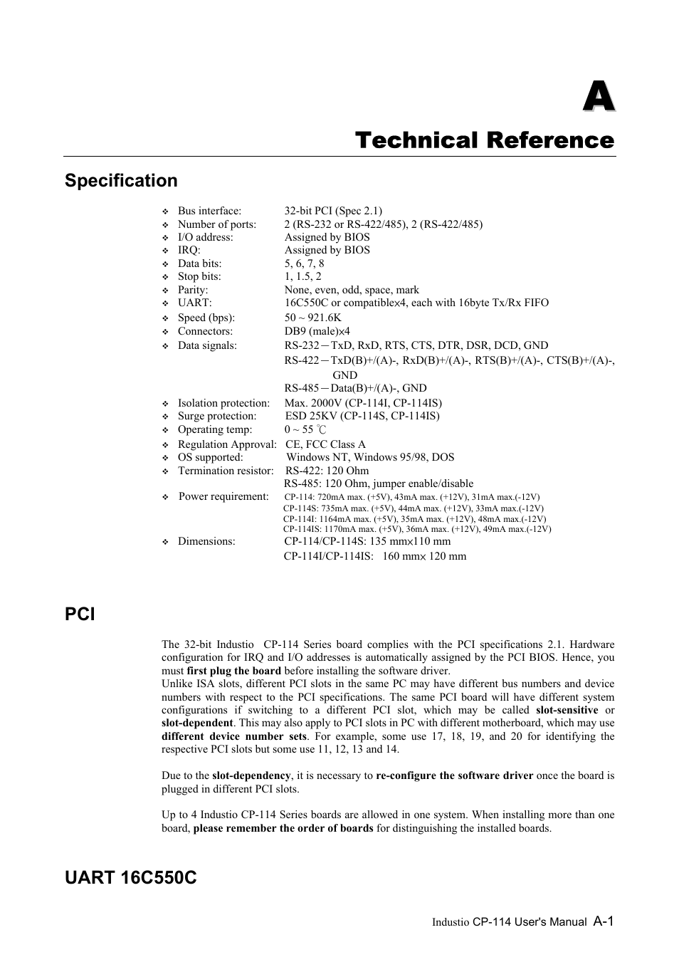 A. technical reference, Specification, Uart 16c550c | Technical reference | Moxa Technologies CP-114 Series User Manual | Page 51 / 55