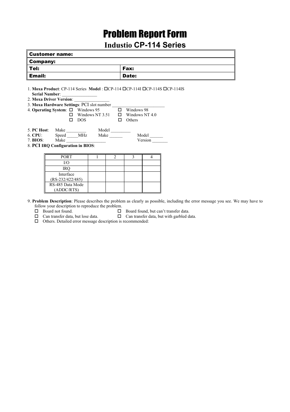 Problem report form, Industio cp-114 series | Moxa Technologies CP-114 Series User Manual | Page 53 / 55