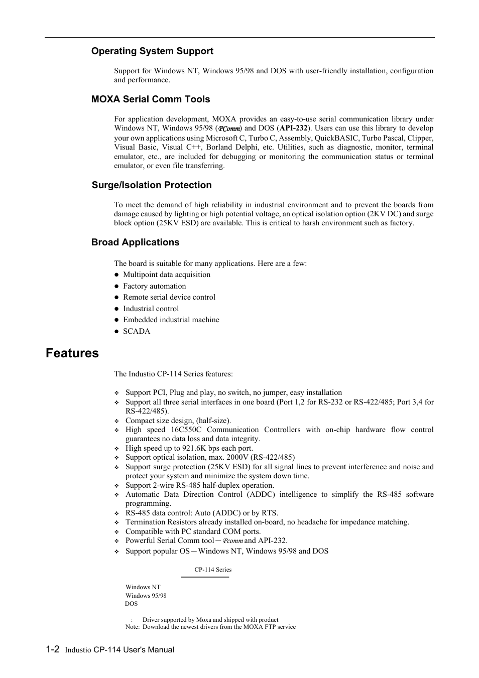 Features, Features -2, Operating system support | Moxa serial comm tools, Surge/isolation protection, Broad applications | Moxa Technologies CP-114 Series User Manual | Page 8 / 55
