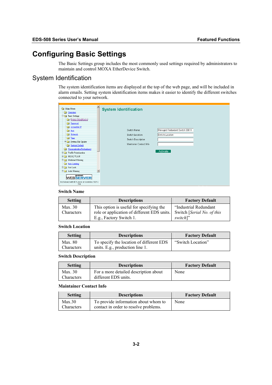Configuring basic settings, System identification, Configuring basic settings -2 | System identification -2 | Moxa Technologies Moxa EtherDevice Switch EDS-508 User Manual | Page 18 / 92
