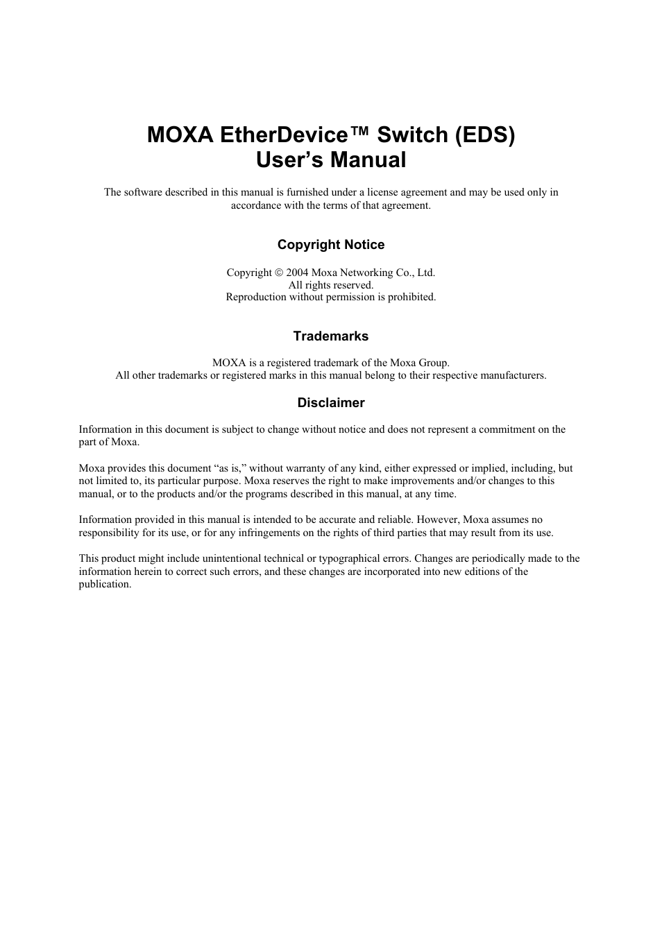 Moxa etherdevice™ switch (eds) user’s manual | Moxa Technologies Moxa EtherDevice Switch EDS-508 User Manual | Page 2 / 92