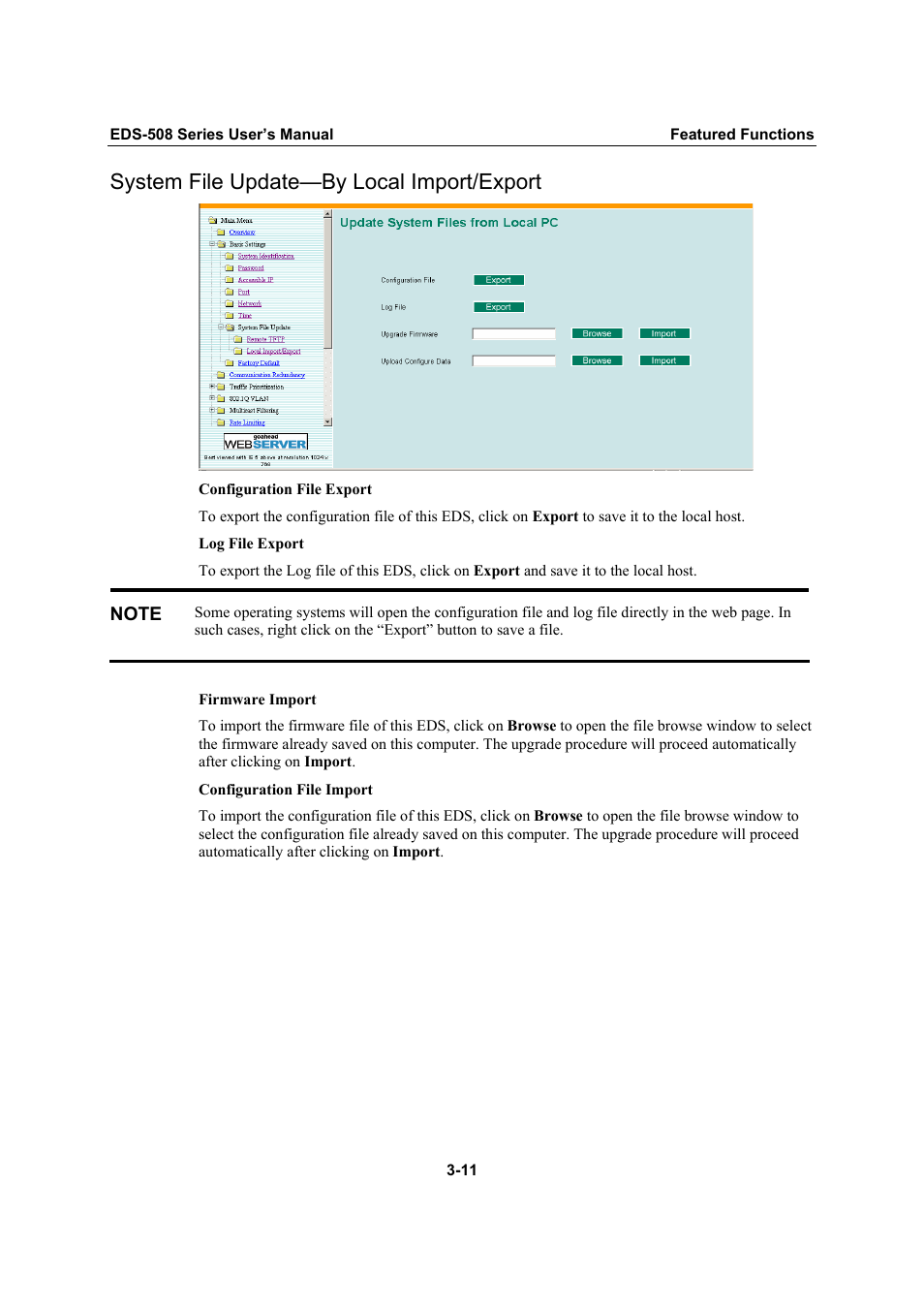 System file update--by local import/export, System file update—by local import/export -11, System file update—by local import/export | Moxa Technologies Moxa EtherDevice Switch EDS-508 User Manual | Page 27 / 92