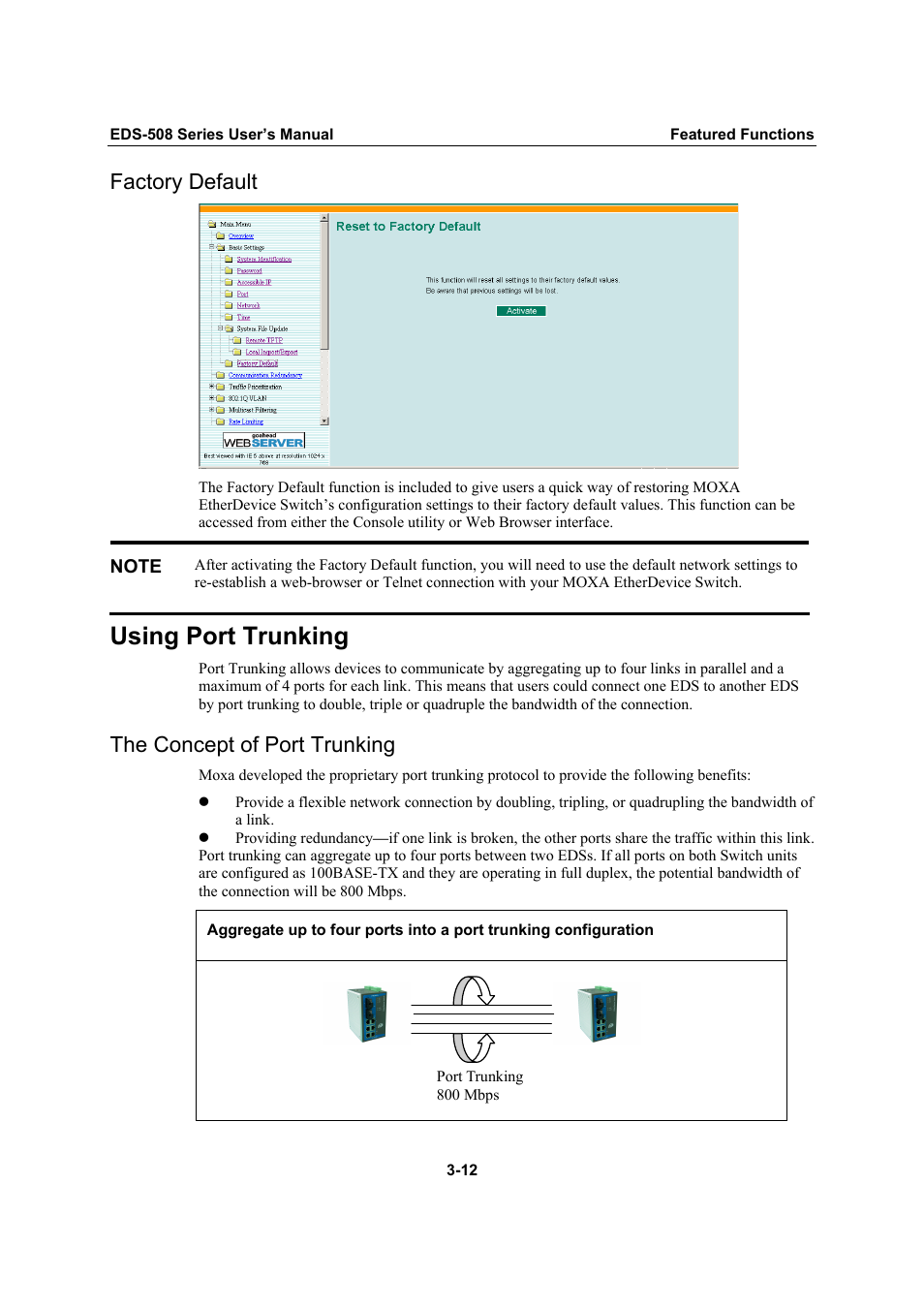 Factory default, Using port trunking, The concept of port trunking | Factory default -12, Using port trunking -12, The concept of port trunking -12 | Moxa Technologies Moxa EtherDevice Switch EDS-508 User Manual | Page 28 / 92