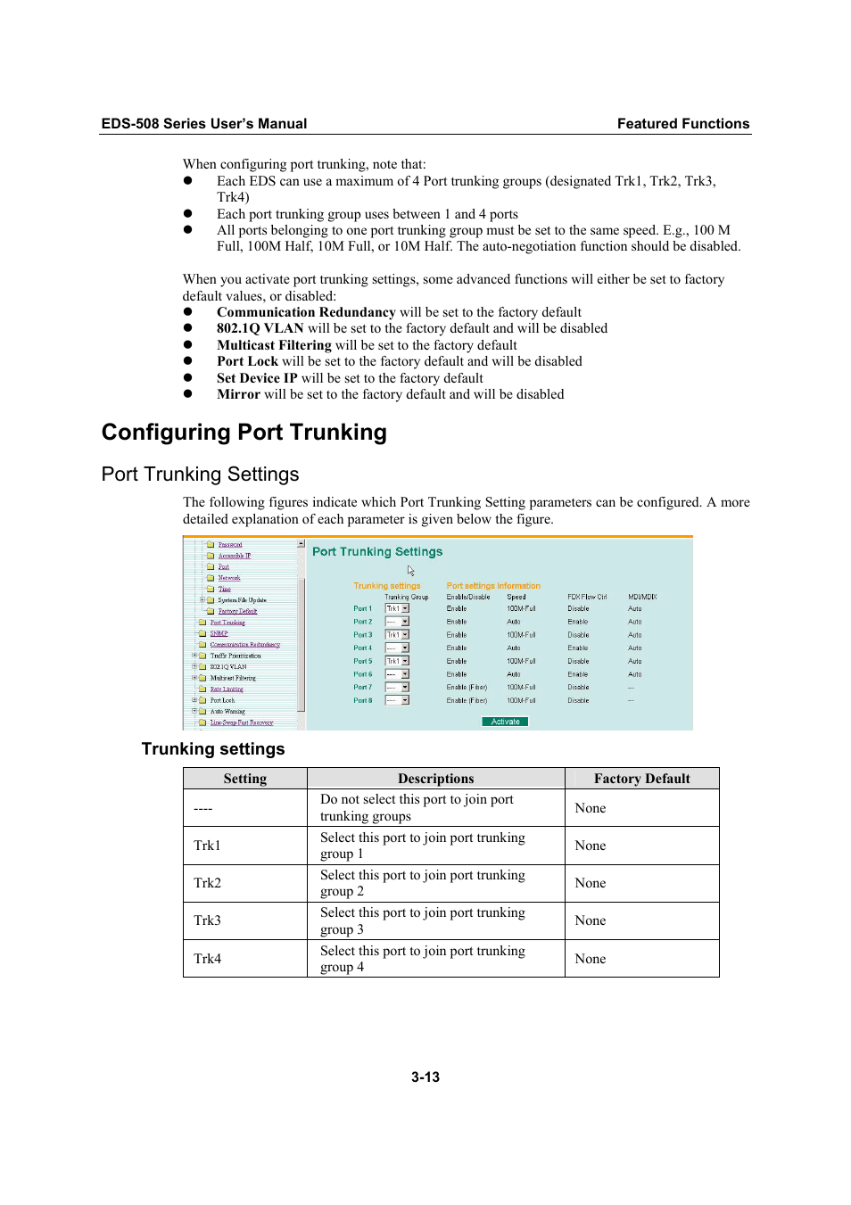 Configuring port trunking, Port trunking settings, Configuring port trunking -13 | Port trunking settings -13 | Moxa Technologies Moxa EtherDevice Switch EDS-508 User Manual | Page 29 / 92