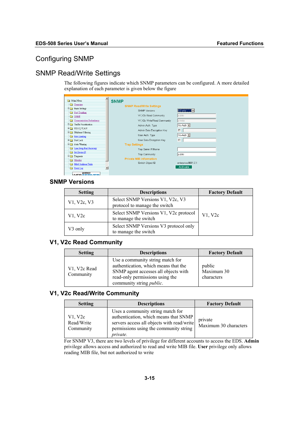 Configuring snmp, Snmp read/write settings, Configuring snmp -15 | Snmp read/write settings -15, Configuring snmp snmp read/write settings | Moxa Technologies Moxa EtherDevice Switch EDS-508 User Manual | Page 31 / 92