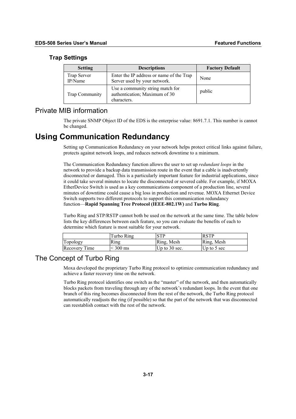 Private mib information, Using communication redundancy, The concept of turbo ring | Private mib information -17, Using communication redundancy -17, The concept of turbo ring -17 | Moxa Technologies Moxa EtherDevice Switch EDS-508 User Manual | Page 33 / 92