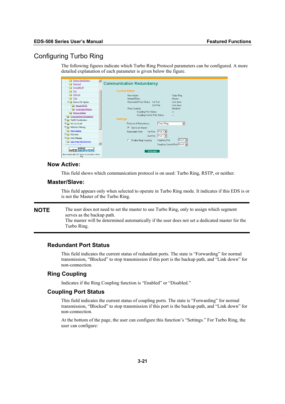 Configuring turbo ring, Configuring turbo ring -21 | Moxa Technologies Moxa EtherDevice Switch EDS-508 User Manual | Page 37 / 92
