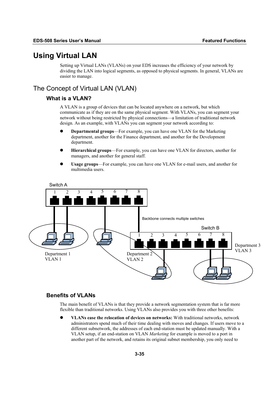Using virtual lan, The concept of virtual lan (vlan), Using virtual lan -35 | The concept of virtual lan (vlan) -35 | Moxa Technologies Moxa EtherDevice Switch EDS-508 User Manual | Page 51 / 92