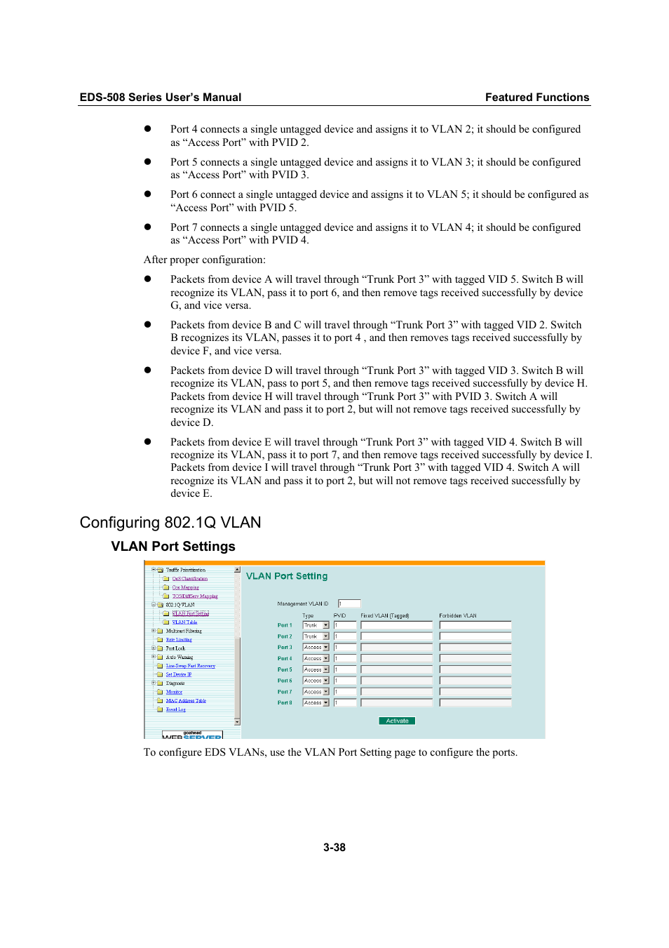 Configuring 802.1q vlan, Configuring 802.1q vlan -38 | Moxa Technologies Moxa EtherDevice Switch EDS-508 User Manual | Page 54 / 92