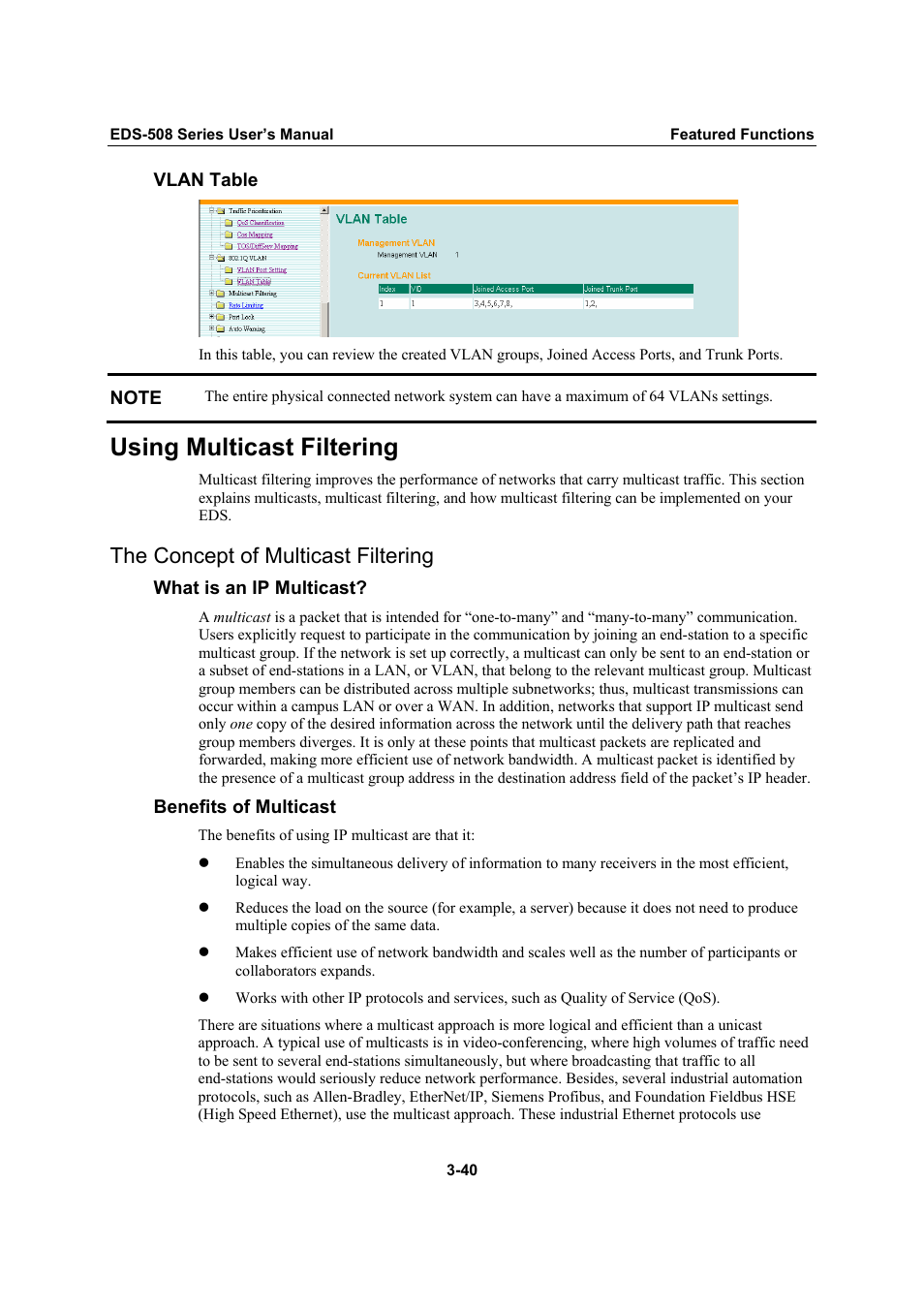Using multicast filtering, The concept of multicast filtering, Using multicast filtering -40 | The concept of multicast filtering -40 | Moxa Technologies Moxa EtherDevice Switch EDS-508 User Manual | Page 56 / 92