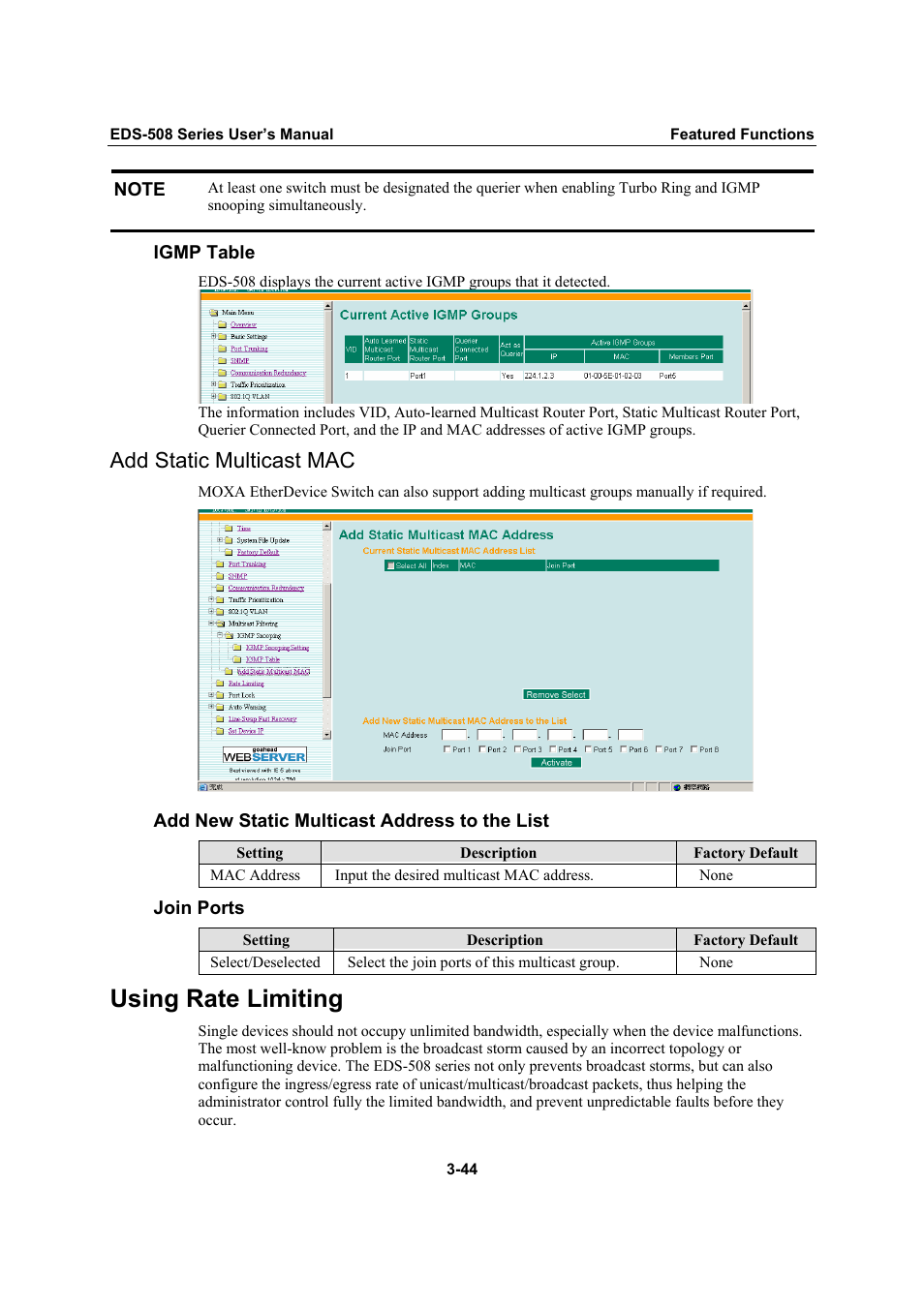 Add static multicast mac, Using rate limiting, Add static multicast mac -44 | Using rate limiting -44 | Moxa Technologies Moxa EtherDevice Switch EDS-508 User Manual | Page 60 / 92