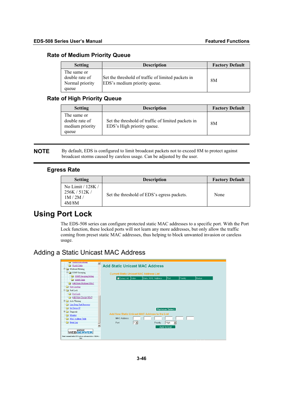Using port lock, Adding a static unicast mac address, Using port lock -46 | Adding a static unicast mac address -46 | Moxa Technologies Moxa EtherDevice Switch EDS-508 User Manual | Page 62 / 92