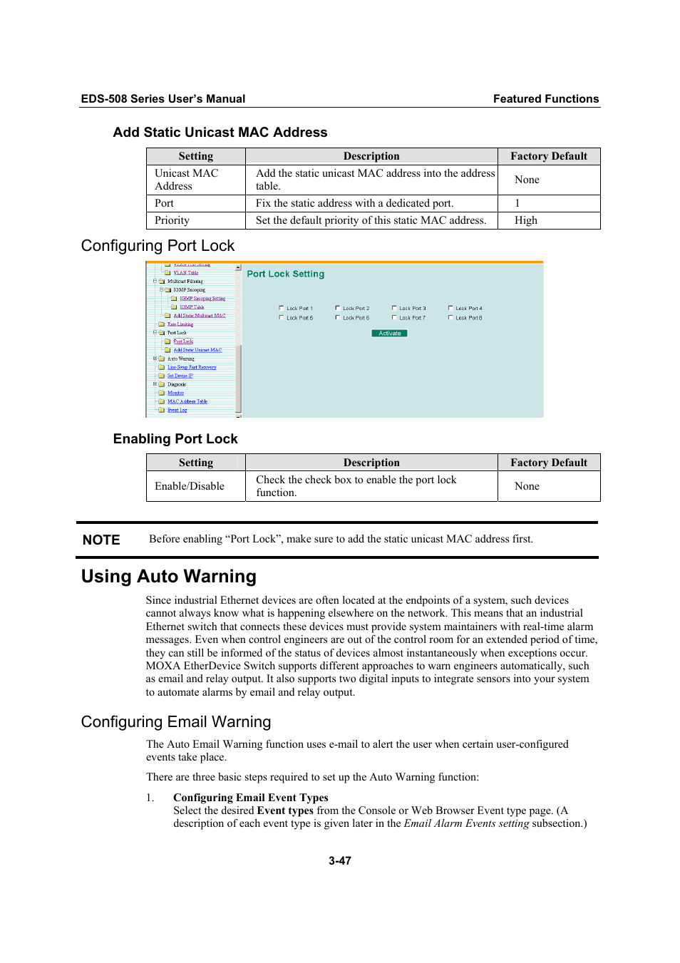 Configuring port lock, Using auto warning, Configuring email warning | Configuring port lock -47, Using auto warning -47, Configuring email warning -47 | Moxa Technologies Moxa EtherDevice Switch EDS-508 User Manual | Page 63 / 92