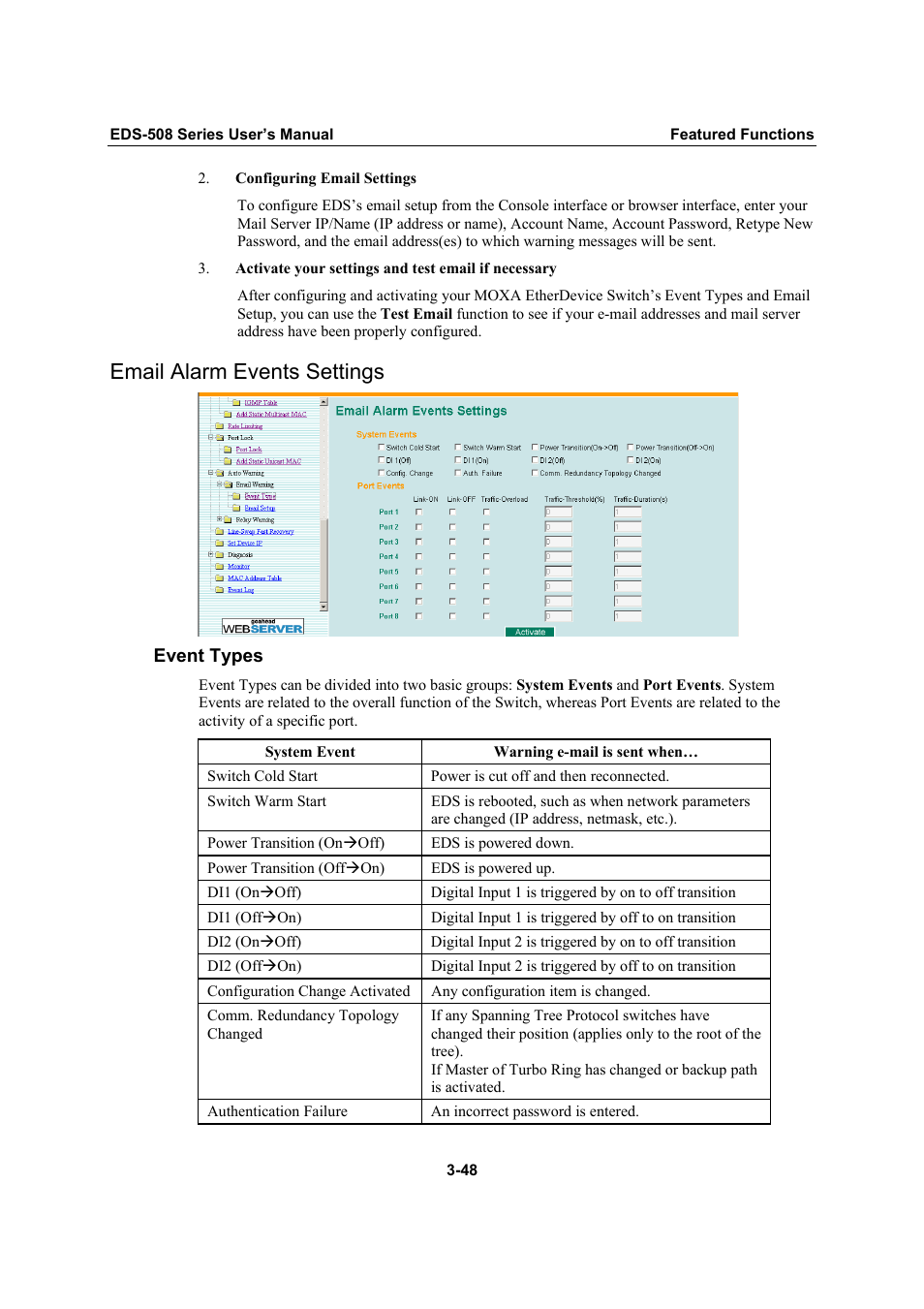 Email alarm events settings, Email alarm events settings -48 | Moxa Technologies Moxa EtherDevice Switch EDS-508 User Manual | Page 64 / 92