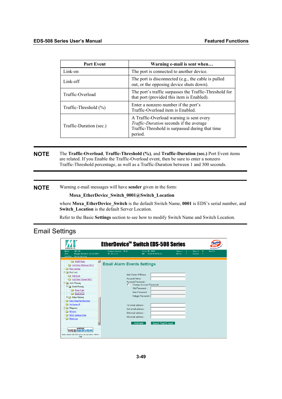Email settings, Email settings -49 | Moxa Technologies Moxa EtherDevice Switch EDS-508 User Manual | Page 65 / 92