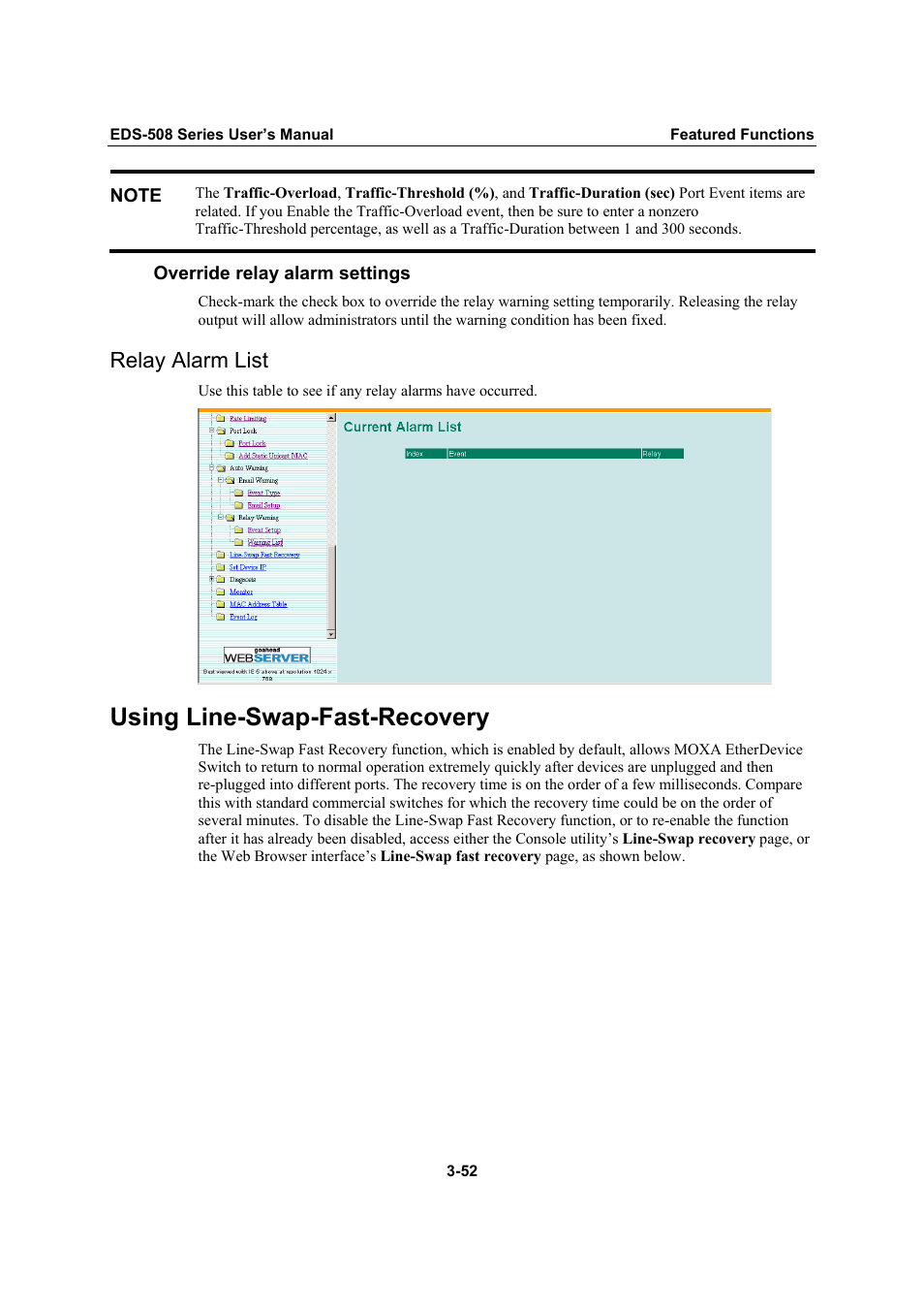 Relay alarm list, Using line-swap-fast-recovery, Relay alarm list -52 | Using line-swap-fast-recovery -52 | Moxa Technologies Moxa EtherDevice Switch EDS-508 User Manual | Page 68 / 92