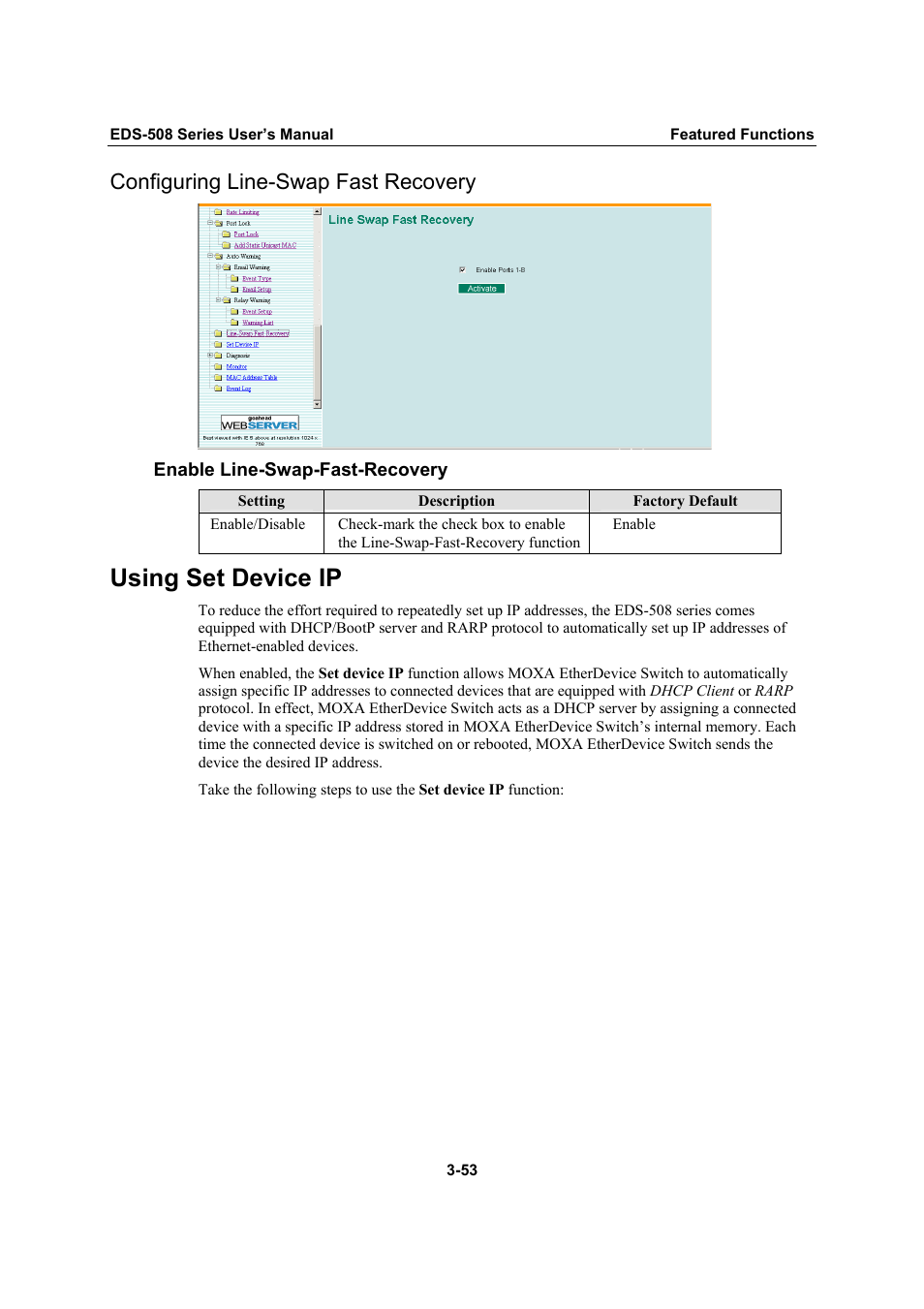 Configuring line-swap fast recovery, Using set device ip, Configuring line-swap fast recovery -53 | Using set device ip -53 | Moxa Technologies Moxa EtherDevice Switch EDS-508 User Manual | Page 69 / 92