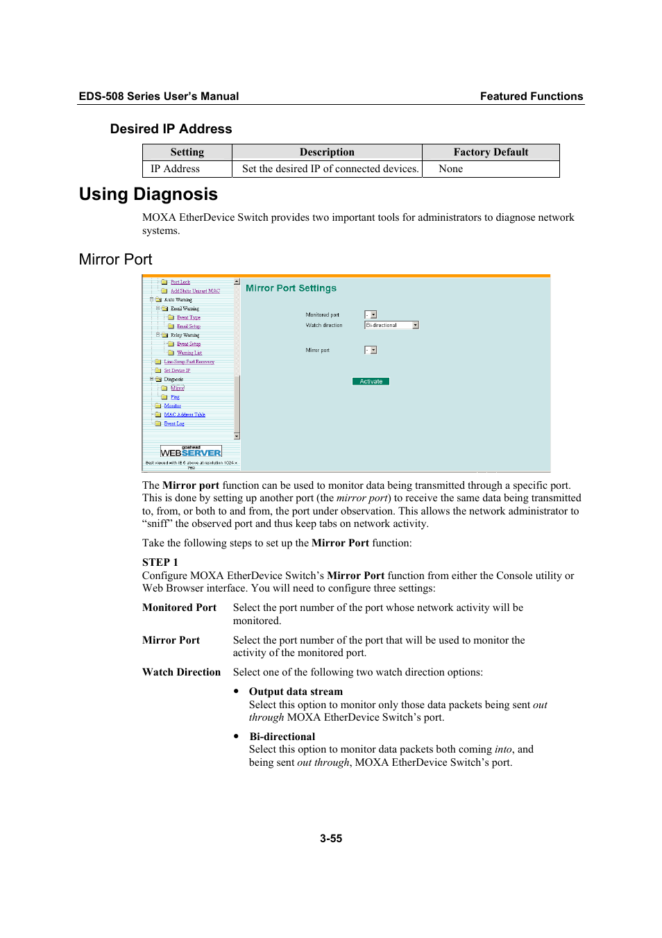 Using diagnosis, Mirror port, Using diagnosis -55 | Mirror port -55 | Moxa Technologies Moxa EtherDevice Switch EDS-508 User Manual | Page 71 / 92