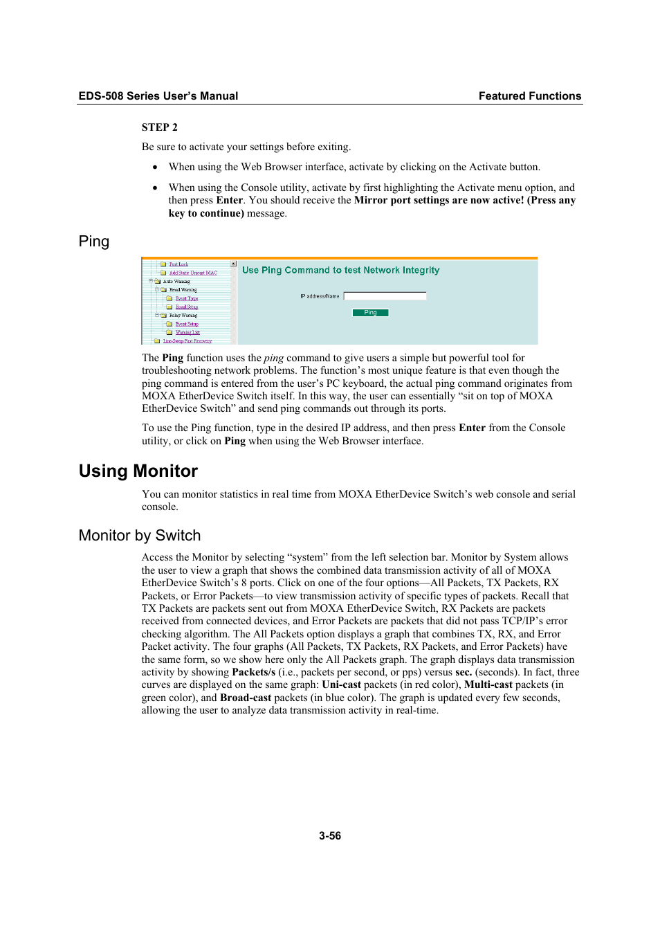 Ping, Using monitor, Monitor by switch | Ping -56, Using monitor -56, Monitor by switch -56 | Moxa Technologies Moxa EtherDevice Switch EDS-508 User Manual | Page 72 / 92