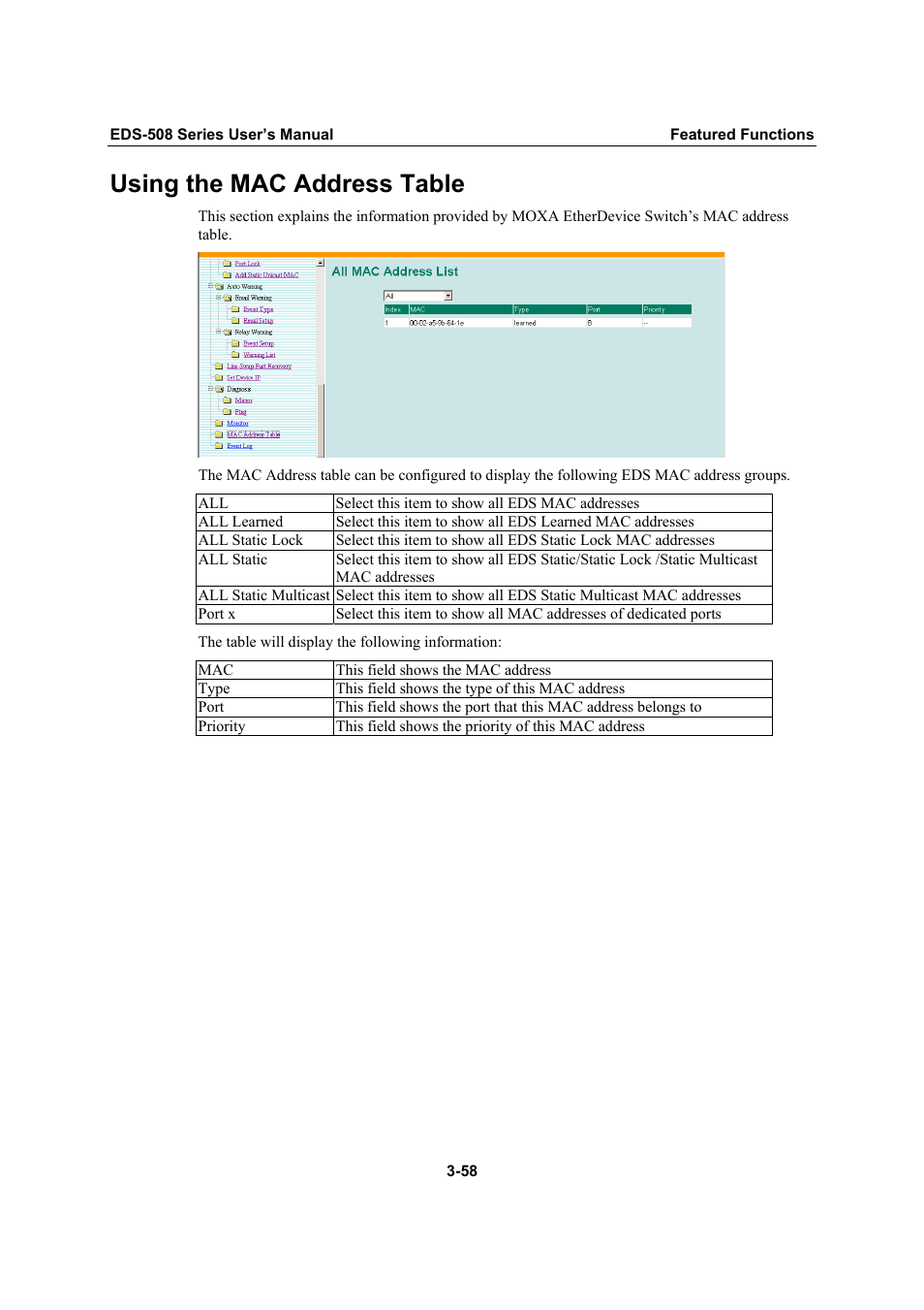 Using the mac address table, Using the mac address table -58 | Moxa Technologies Moxa EtherDevice Switch EDS-508 User Manual | Page 74 / 92