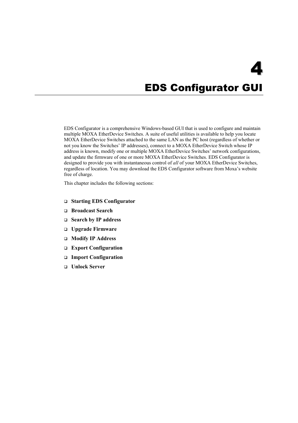 Eds configurator gui, Chapter 4, Eds configurator gui -1 | Moxa Technologies Moxa EtherDevice Switch EDS-508 User Manual | Page 77 / 92