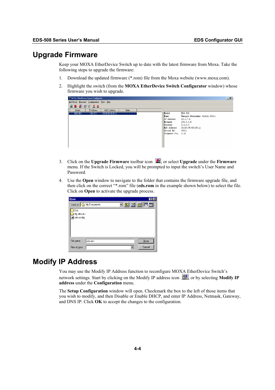 Upgrade firmware, Modify ip address, Upgrade firmware -4 | Modify ip address -4 | Moxa Technologies Moxa EtherDevice Switch EDS-508 User Manual | Page 80 / 92