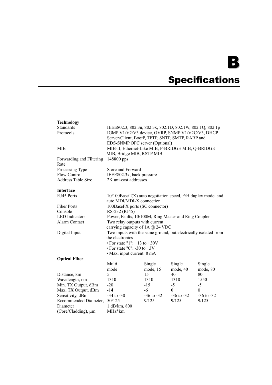 B. specifications, Appendix b, Specifications | Moxa Technologies Moxa EtherDevice Switch EDS-508 User Manual | Page 87 / 92