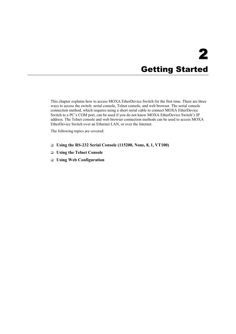 Getting started, Chapter 2, Getting started -1 | Moxa Technologies Moxa EtherDevice Switch EDS-508 User Manual | Page 9 / 92