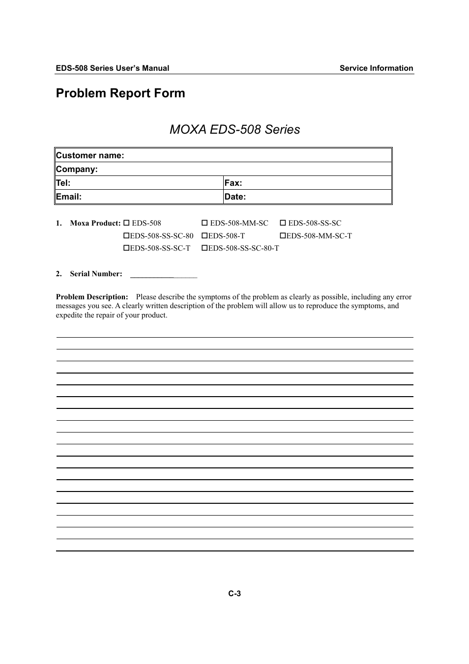Problem report form, Problem report form moxa eds-508 series | Moxa Technologies Moxa EtherDevice Switch EDS-508 User Manual | Page 91 / 92