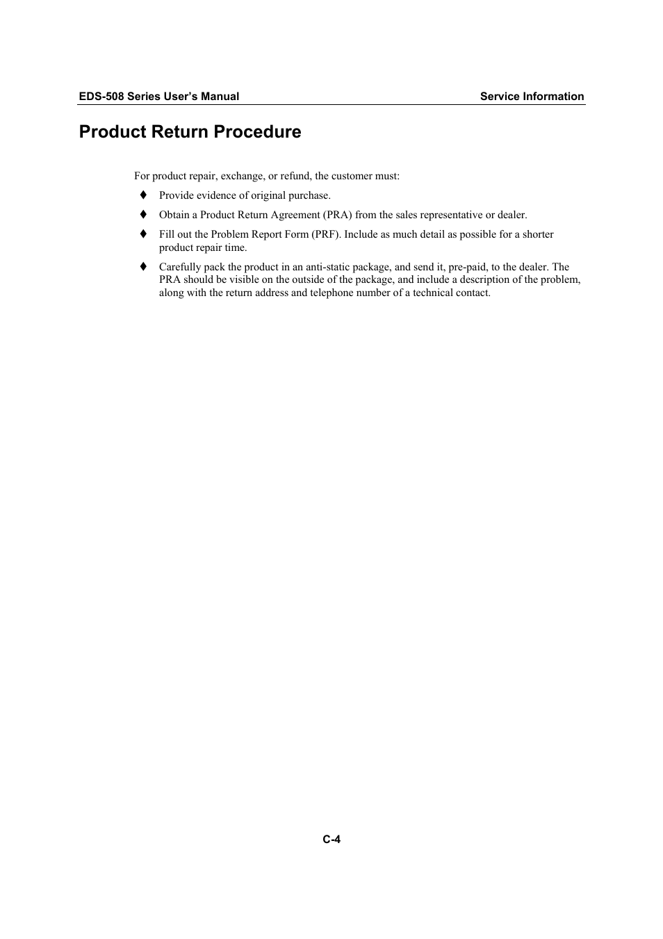 Product return procedure | Moxa Technologies Moxa EtherDevice Switch EDS-508 User Manual | Page 92 / 92