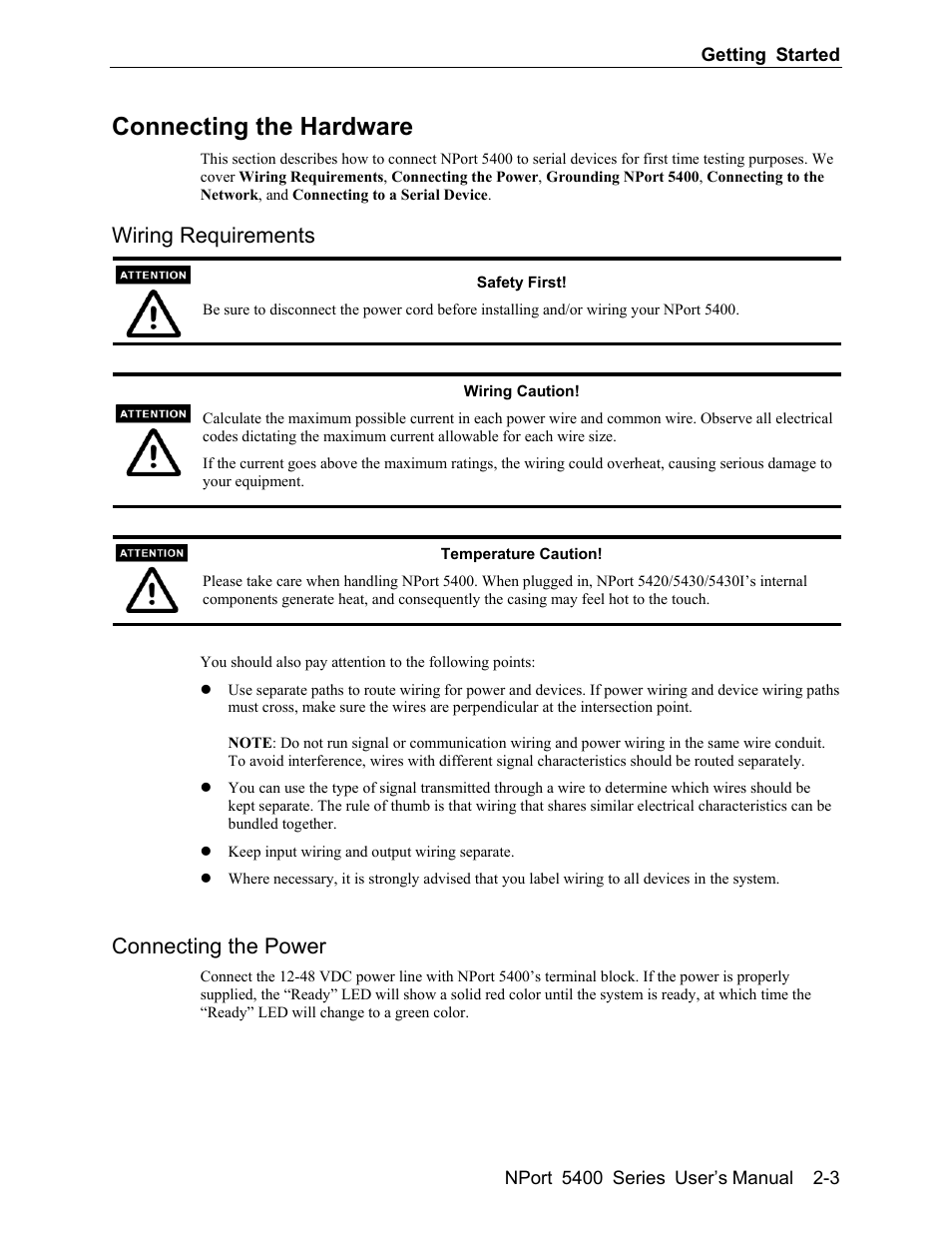 Connecting the hardware -3, Wiring requirements -3, Connecting the power -3 | Connecting the hardware, Wiring requirements, Connecting the power | Moxa Technologies 5400 User Manual | Page 11 / 96