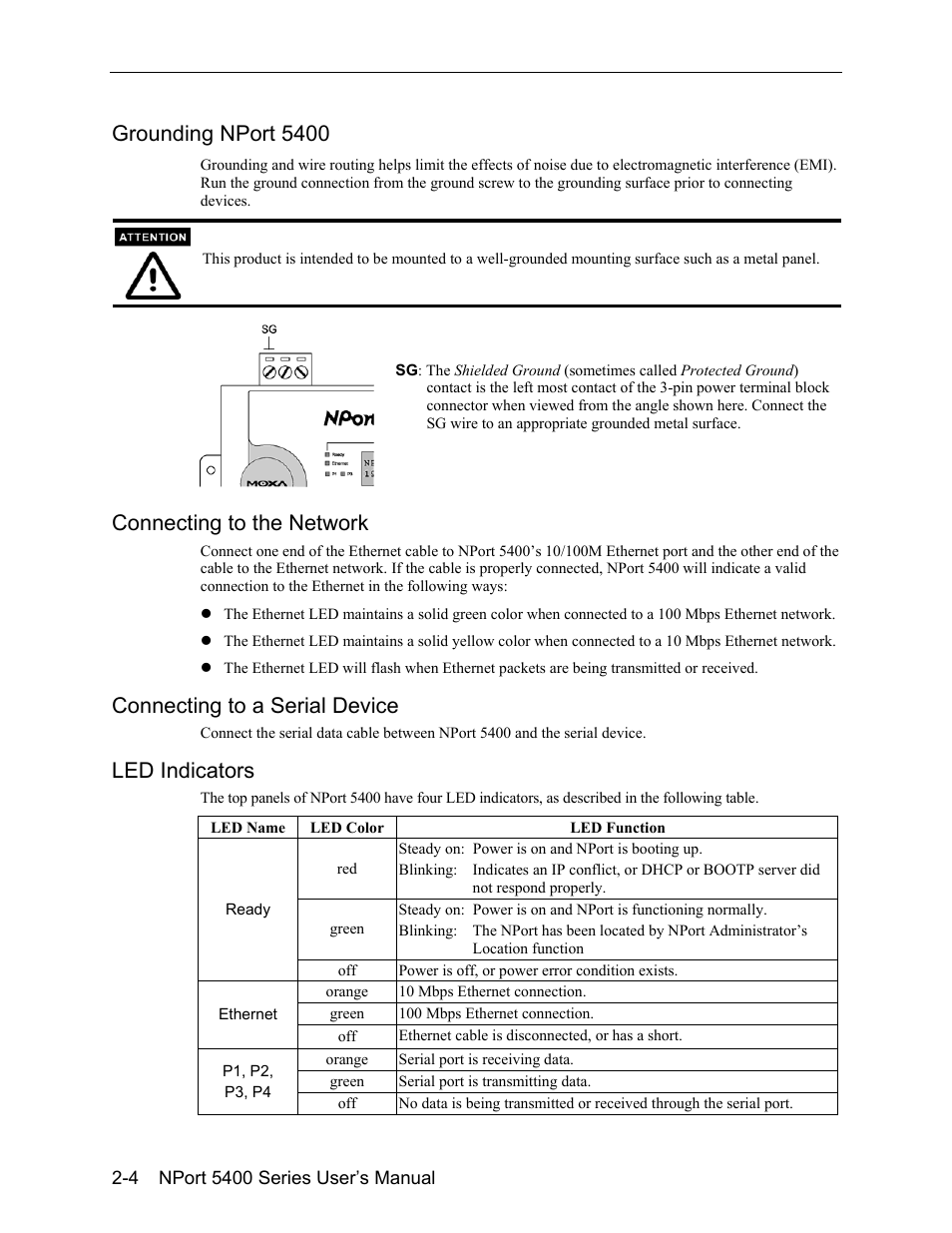 Grounding nport 5400 -4, Connecting to the network -4, Connecting to a serial device -4 | Led indicators -4, Grounding nport 5400, Connecting to the network, Connecting to a serial device, Led indicators | Moxa Technologies 5400 User Manual | Page 12 / 96