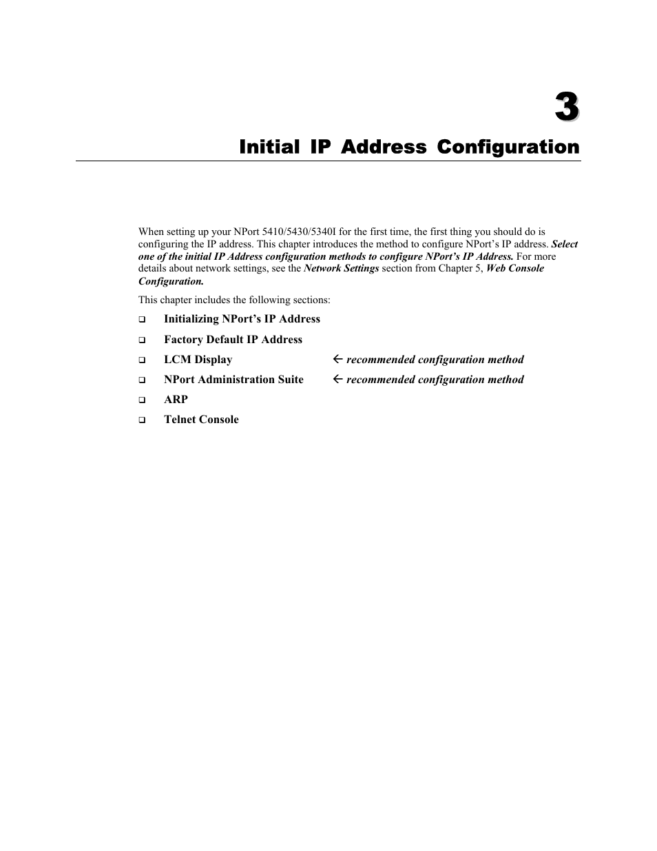 Chapter 3, Initial ip address configuration -1, Initial ip address configuration | Moxa Technologies 5400 User Manual | Page 13 / 96