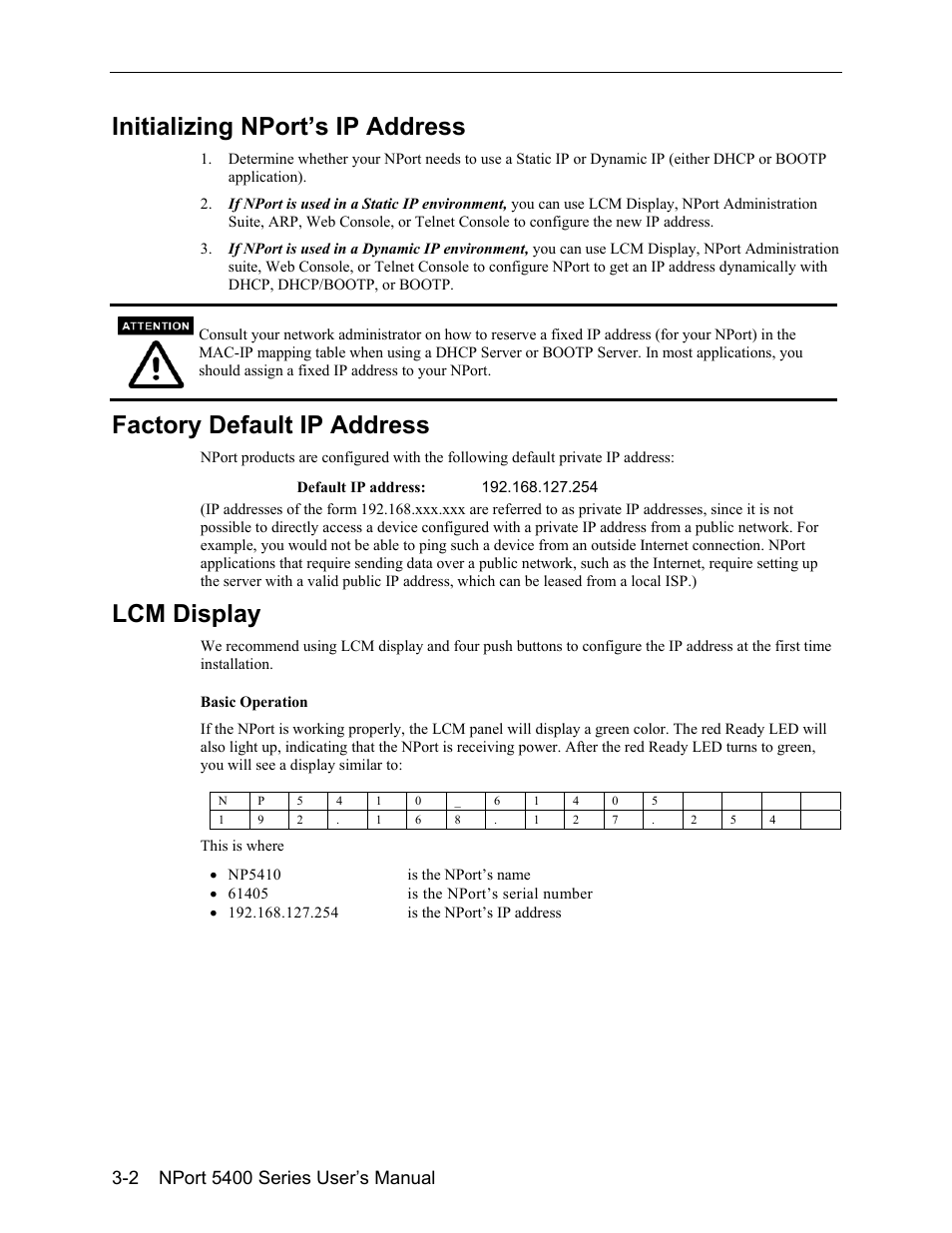 Initializing nport’s ip address -2, Factory default ip address -2, Lcm display -2 | Initializing nport’s ip address, Factory default ip address, Lcm display | Moxa Technologies 5400 User Manual | Page 14 / 96