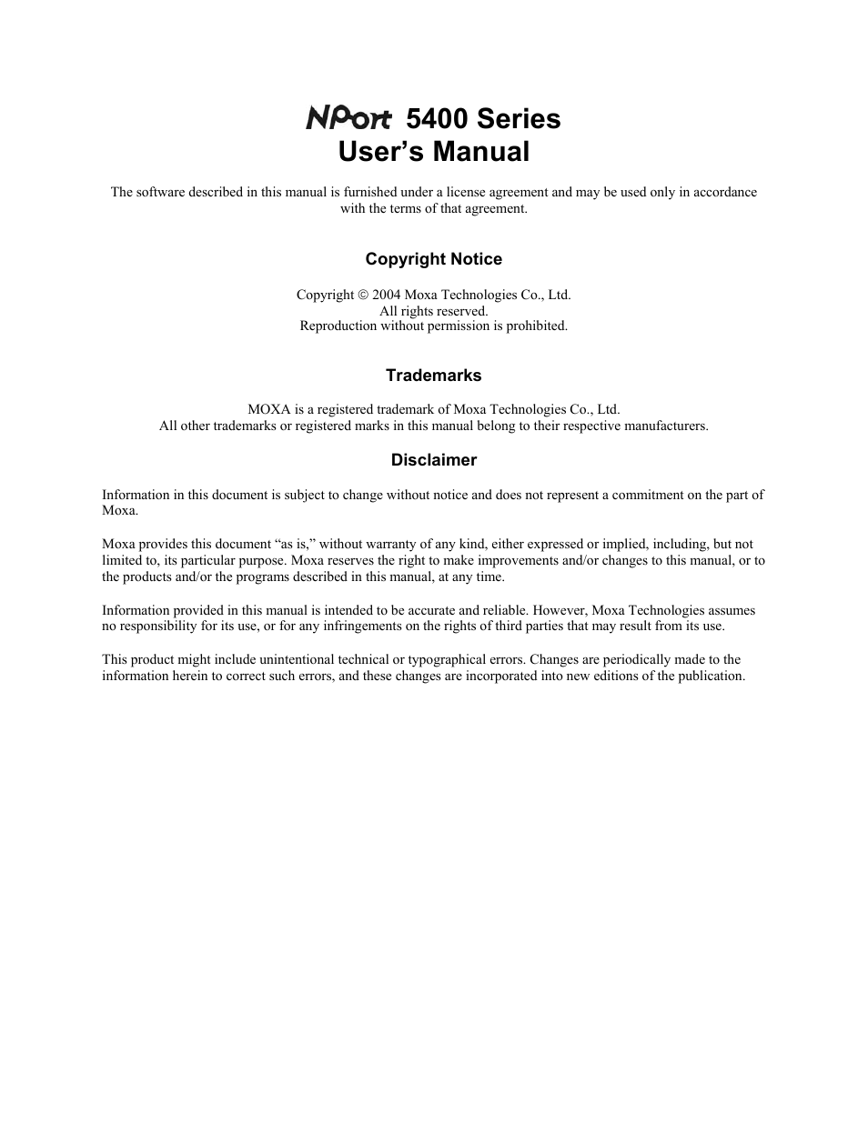 5400 series user’s manual | Moxa Technologies 5400 User Manual | Page 2 / 96