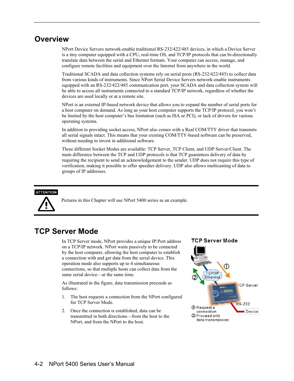 Overview -2, Tcp server mode -2, Overview | Tcp server mode | Moxa Technologies 5400 User Manual | Page 24 / 96