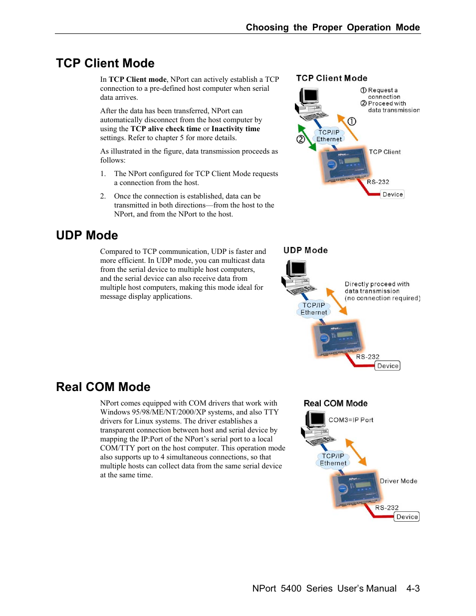 Tcp client mode -3, Udp mode -3, Real com mode -3 | Tcp client mode, Udp mode, Real com mode | Moxa Technologies 5400 User Manual | Page 25 / 96